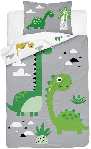 Kinderbettwäsche 100x135 cm aus 100% Baumwolle Weich und farbenfroh | Bettwäsche Kinder Perfekt für Mädchen und Jungen | Hochwertig und pflegeleicht Baby Bettwäshe mit Reißverschluss | Dino 045