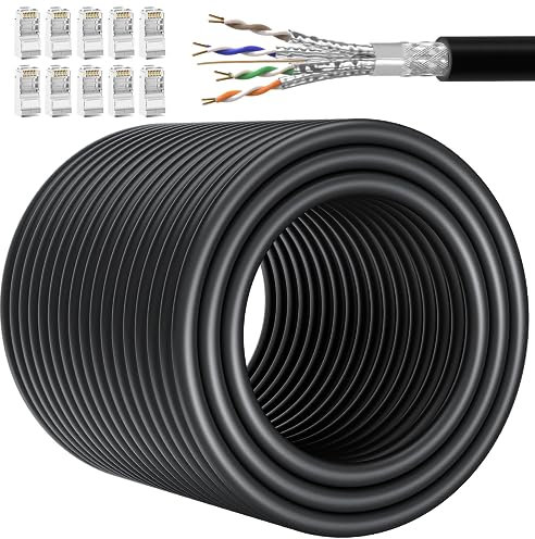 Soibke Cable Ethernet 80 Metros, Cable Lan Cat 7 Alta Velocidad 10Gbit Cable de Red S/FTP Blindado Cable de Internet Gigabit 24AWG Exterior Impermeables RJ45 Cable de Instalación Negro