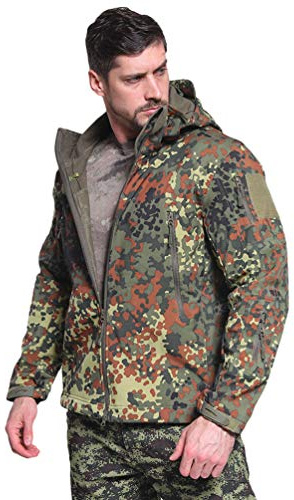 KaloKLU Taktische Herren-Jacke, Camouflage, wasserdicht, Softshell-Fleece-Futter, Herbst, Winter, Outdoor, Trekking, Jagd, Bergsteigen, Jacke, Mäntel mit Kapuze, Deutsch Camo, L
