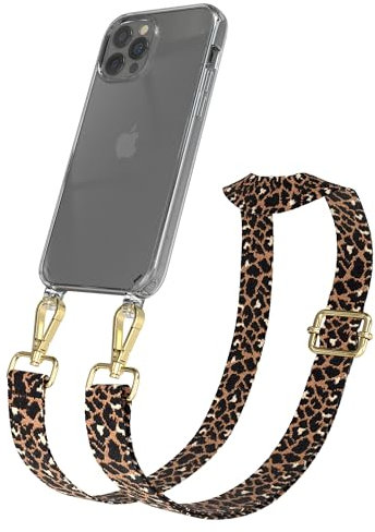EAZY CASE Handykette - Verstellbares Taschenband kompatibel mit iPhone 12, Schulterriemen, Handykordel mit Silikon Hülle, Umhängetasche, Leo - Schwarz Braun Metall Gold