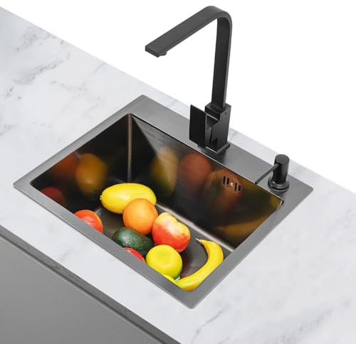 OUBUBY Fregadero de granito negro, 40 × 45 cm, rectangular, moderno, empotrable, de granito, cocina, pequeño, empotrable, de acero inoxidable, 1 lavabo para bares, apartamentos