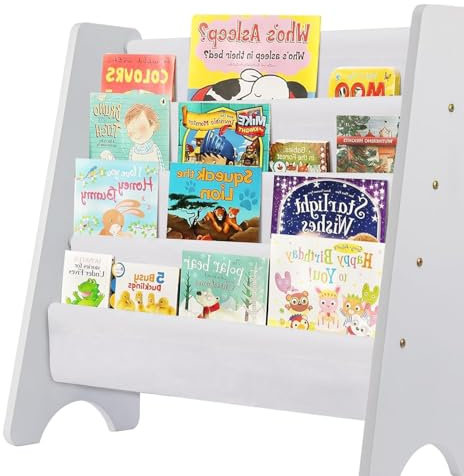 CROWNSHOP Children's Bookshelf 4 Tier Childrens Bookcase Wooden Kids Sling Storage Nursery Bookcase Shelf with Soft Canvas for Kids Room and Nursery White 61 * 60 * 26.5CM