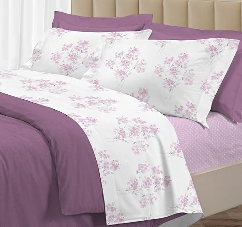 Riad Arredo Set Completo Letto 100% Cotone Percalle Italiano - Set Lenzuola Morbido Delicato Made in Italy (Fiore Rosa, Matrimoniale)