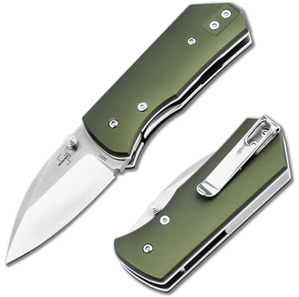 BÖKER PLUS® Lefti – Mini Taschenmesser mit extra scharfer 12C27 Sandvik Sheepfoot Klinge – Profi Klappmesser mit Alu-Griff grün – kleines Einhandmesser mit Linerlock, Daumenpin & Clip