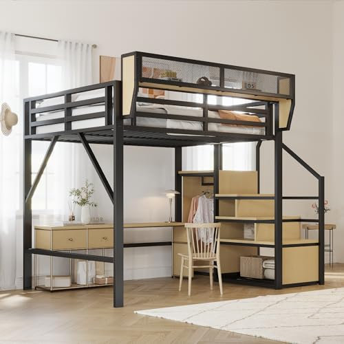 Dolamaní Letto a soppalco 140 x 200 cm, telaio in metallo con scala di sicurezza e armadio, altezza 191 cm, letto con rete rimovibile e protezione contro le cadute, per adolescenti adulti (nero)