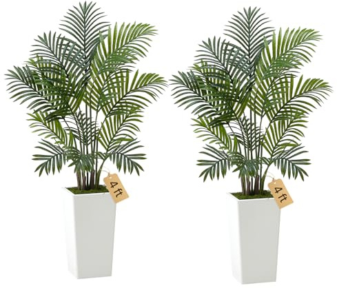 VEVOR Palma Areca Artificiale 1219 mm, Confezione da 2, Pianta Tropicale Finta con Fioriera Bianca Alta, Pianta Finta in Seta da Pavimento in Vaso, Grandi Alberi per Casa, Ufficio, Interno ed Esterno