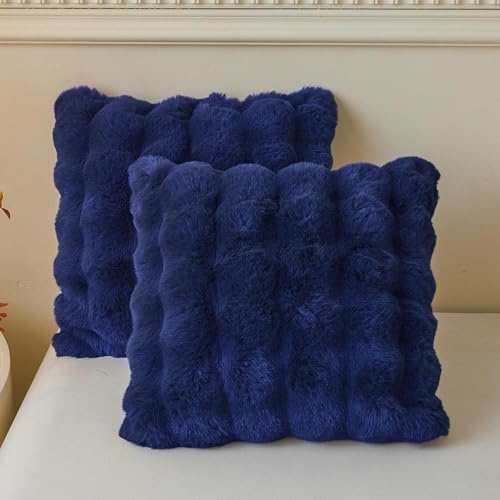 LIFEREVO Fluffy Faux Rabbit Fur Cushion Covers 50x50cm Set of 2, Navy Blue | Soft Plush Bubble Throw Pillow Covers with Zipper, Washable Decorative Furry Fuzzy Square Pillow Shams for Bed Sofa Office