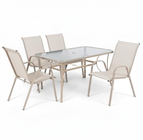 MONTY Conjunto Exterior | Mesa 150 cm de Acero y Cristal Templado + 4 Sillas de Textileno Arena | Resistente: Pintura anticorrosión, Tela Doble | Transpirables, Apliables | Classic