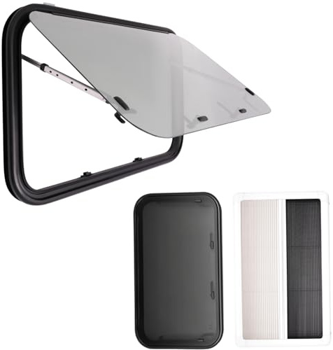 Ventana para autocaravana y caravana 900x550mm - E8 R43 Ventana desplegable para autocaravanas 65° Ventana exterior con pantalla antimosquitos y persiana enrollable integrada para protección solar