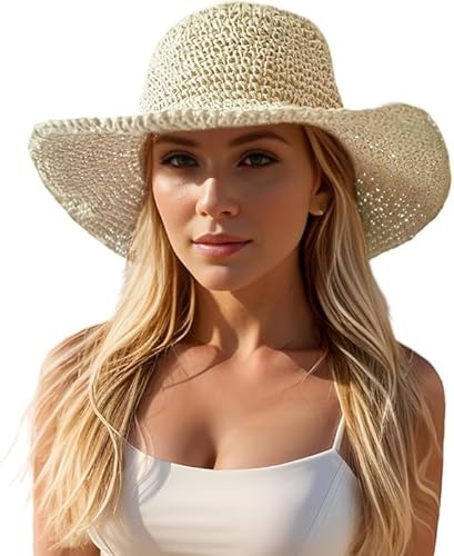 Sombrero de Paja de ala Ancha, Sombrero de Paja para Mujer, Sombrero de Sol Plegable, Sombrero de Verano Ajustable, Ligero y Transpirable, Sombrero de Playa para Playa, Vacaciones, Viajes (Beige)