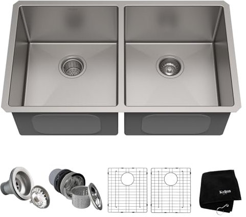 Kraus KHU102-33 33 inch Undermount 50/50 Double Bowl 16 Gauge Stainless Steel Kitchen Sink