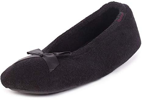 Isotoner Women's Ladies Terry Ballet W/Bow Slippers Open Back, Black (Black Blk), S UK