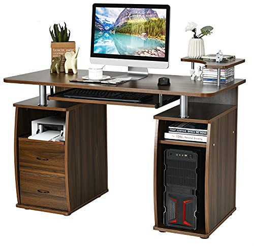 COSTWAY Bureau Informatique Table de Bureau en MDF pour Ordinateur Multi-Rangements avec Tablette Imprimante, Tablette à Clavier Coulissante, 2 Tiroirs 120x55x85cm (Noyer)