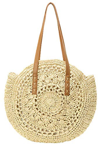 Sac à main en paille pour femme - Tissé à la main - Rond - Naturel - Chic - Grand fourre-tout d'été - Poignée tissée, Motif beige, X-Large