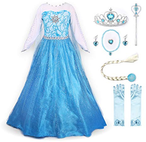 JerrisApparel Robe Costume Petites Filles Princesse Elsa Déguisement, Bleu avec Accessoires, 3-4 ans