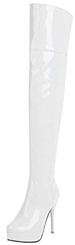 MISSUIT High Heels Overknee Stiefel Lack Plateau Stiletto Boots(Weiß,EU43)