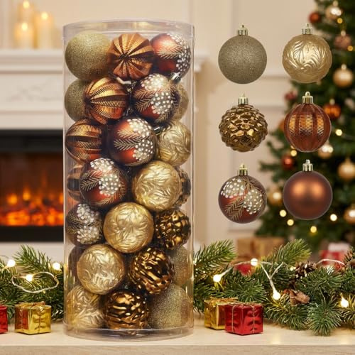 Valery Madelyn Weihnachtsschmuck-Set, 35 Karat, 7,9 cm, braunes Kupfer und Gold, bruchsicher, Weihnachtsbaumschmuck, Waldbronze, hängende Kugel-Ornamente, Großpackung für Weihnachtsfeiertagsdekoration