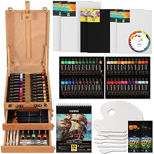 VISWIN 74-teiliges Premium-Acrylmalset, Malset mit Tischskizzenbox, 48 Farben Acrylfarben, Leinwandplatten, Nylonpinseln und Einigem Anderen Zubehör, für Erwachsene, Anfänger, Künstler