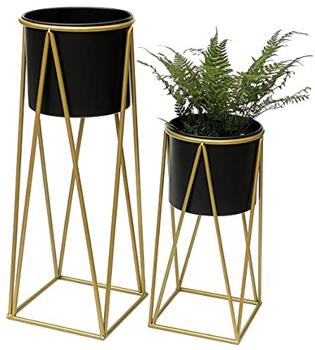 DanDiBo Blumenhocker mit Topf Metall Gold Schwarz 2er Set Blumenständer 96046 Blumensäule Modern Pflanzenständer Pflanzenhocker