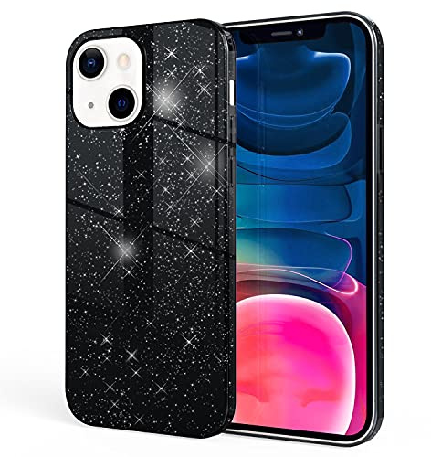 NALIA Glitzerhülle für iPhone 13 Mini - Grip - Hülle, Schwarz | Partikel fest im Material eingeschlossen, 3-Schicht-Schutzaufbau mit Hardcase-Kern, Erhöhter Kamerarand, SHINEPOP