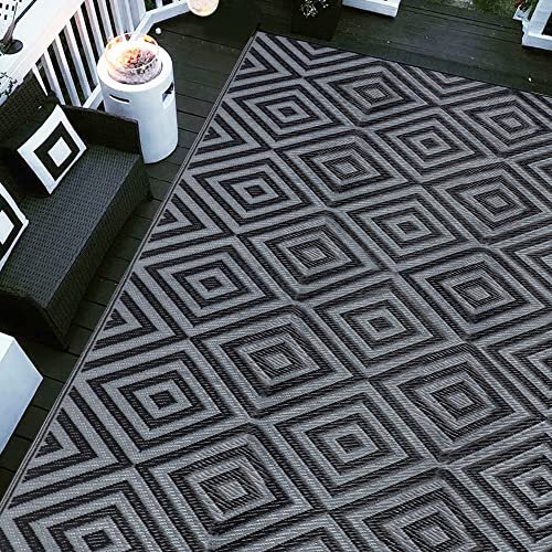 Ridota Wendbare Matten, Outdoor-Terrassen-Teppich, Kunststoff-Stroh-Teppich, moderner Bereich, Bodenmatte für Outdoor, Wohnmobil, Terrasse, Hinterhof, Deck, Camping (Diamantschwarz & grau, 2.7x4.7 m)