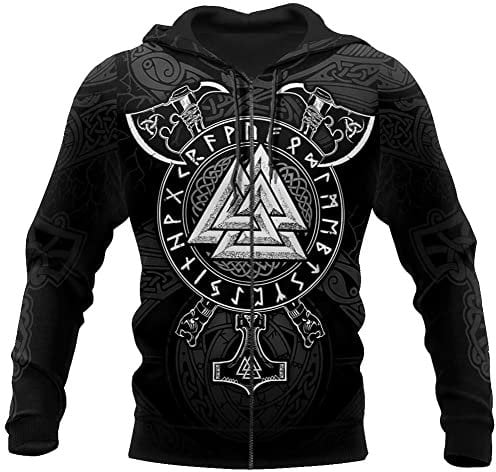 WDBAYXH Norse Mythology 3D Print Hoodie Thor's Hammer Valknut Runes Zip Sweatshirt, Viking Tattoo Sports Casual Pullover Cool Streetwear, Running Lightweight Jacket,Zip,L