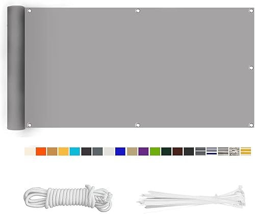HERILIOS Balkon Sichtschutz, Balkonabdeckung 220 g/m² Innen Balkonverkleidung UV-Schutz (210Größen&21Farben) Ohne Bohren mit Ösen Kabelbinder und Kordel für Balkongeländer Terrasse,80X200CM hellgrau