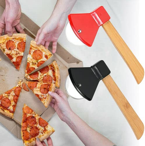 Jenell, Axe Pizza Cutter with Bamboo Handle and Sharp Rotating Blade for Pizza, Bread, Cakes, Gifts (Black+RED)