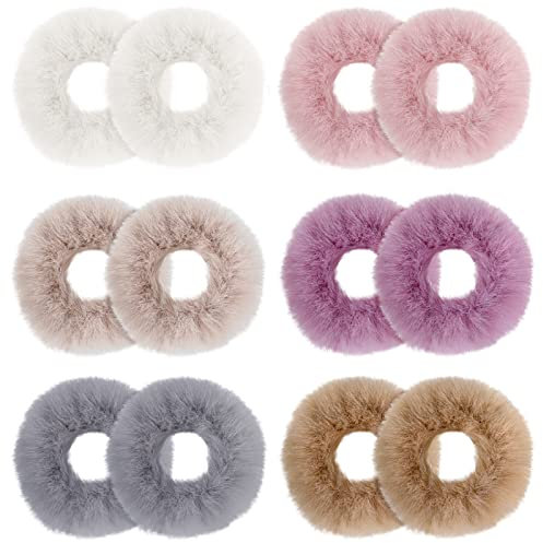 BBTO 12 Stk. Plüsch Haargummis Pelzig Scrunchies Flauschig Haarband Pompon Haargummis Keine Falte Elastisch Weich Fell Kunstpelz Haarseil Pferdeschwanz Halter Zubehör für Frauen Mädchen, 6 Farben