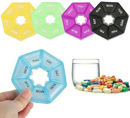 7 Day Weekly Daily Round Pill Box Organiser Medicine Bottles Holder Tablet Storage Dispenser Compartment for Gym Vitamins Fish Oils Supplements (Pink)