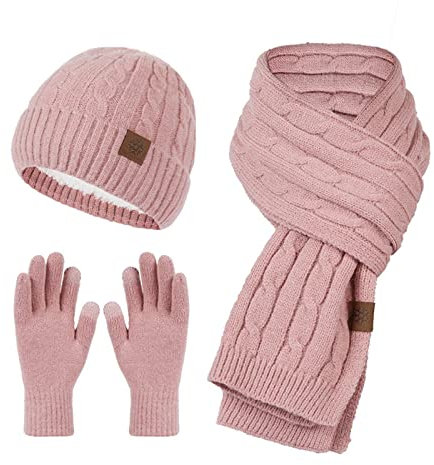 Mutze Schal Set Damen Rot, Damen Mütze Touchscreen Handschuhe Schal Set Bommelmütze mit Fleece und Leopardenmuster