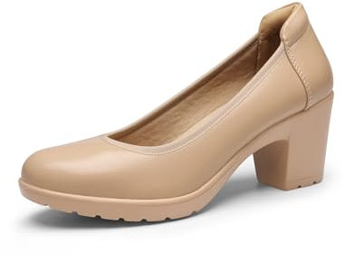 DREAM PAIRS Scarpe con Tacco Largo Eleganti Comode da Donna Décolleté con Tacco Alto Classico Décolleté in PU da Lavoro,Size 42,Nudo,SDPU2230W-E