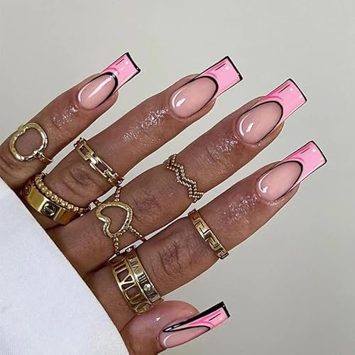 VEBONNY Faux ongles à presser style graffiti de couleur rose, style français, ongles en forme de cercueil, rose fluo, ongles simples et élégants, Vebonny FN-ST136