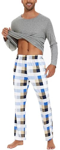 Uniexcosm Ensemble de Pyjama Homme Coton Hiver Pyjama Homme Long Col Ronde Manches Longues Vêtements de Nuit Homme avec Poches Latérales B-Imprimer 3 XL