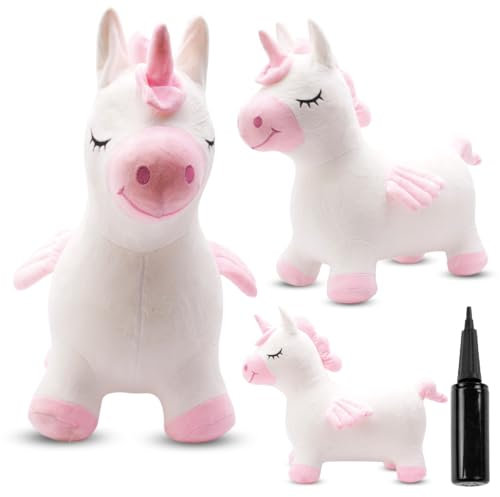 sun baby Hüpftiere ab 1 Jahr mit Pumpe aufblasbares Hüpfspielzeug aus Hochwertigem und Strapazierfähigem Gummi, Verschiedene Designs (Weißer Plüsch-Einhorn mit Flügeln)