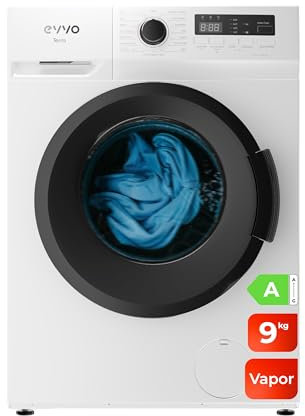 EVVO Lavadora 9kg, Vapor, Clase A, Motor Inverter, Lavado Rápido 15', Estrecha 53cm Profundidad, Bajo consumo, 1400 rpm, 15 programas, Carga frontal, Blanco, Terra (9Kg)