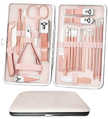 Acehome Nail Clipper Manicure Set, 23 In 1 Stainless Steel Professional Pedicure Kit Nail Scissors Grooming Kit with Pink PU Leather Case for Travel & Home Use (Pink Leather)