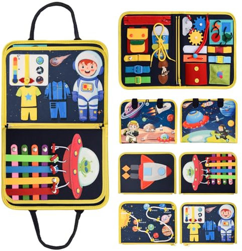 Achiyway Busy Board Montessori, 4 Couches Planche Portable pour Enfants Tableau Activités 2 3 4 Ans, Jouet Enfant Garçons et Filles, Cadeau Enfant, Noir, Extra Large, (Voyage dans l'espace)