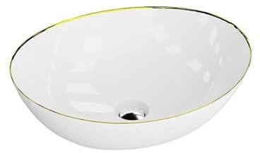 LAVITA Fresa Gold - Lavabo da appoggio ovale, senza troppopieno e foro per rubinetto, in porcellana di alta qualità, 41,5 x 34 x 13,5 cm, colore: bianco/oro