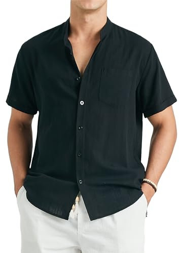 Enlision Camisa para Hombre Lino Coton Sin Cuello Manga Corta Camisas Negro Hombre Corte Regular Henley Camisas de Color Sólido con Botónes Bolsillo de Verano Playa Business XXL