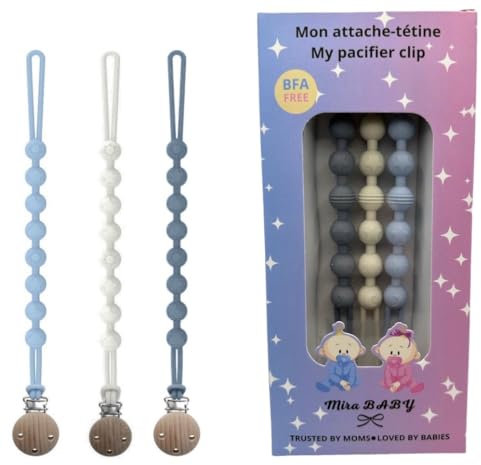 3 Attaches Tétine pour Bébés Garçons et Filles, Pacifier Clip Chain, Garde la Tétine Propre, Douce et Flexible (Bleu-Blanc-Gris)