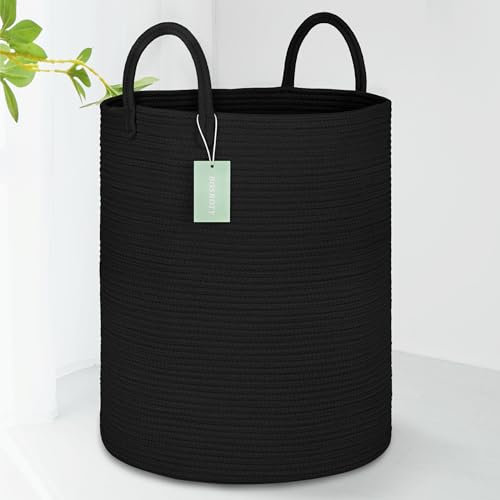 BOSROTY Large Blanket Basket, Tall Laundry Hamper 65L, Nursery Basket with Handles for Storage Toys Clothes Towels, Cotton Rope Woven Organiser, 40 x 50 CM, Black