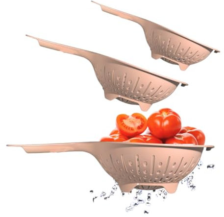 Tomko Küchensieb 3er Set, Nudelsieb aus Kunststoff mit Griff, ⌀ 22,/19/16cm Groß, Seiher zum Abwaschen von Obst & Gemüse, Abtropfsieb für Nudeln, Siebkorb, Stielsieb (Rosa)
