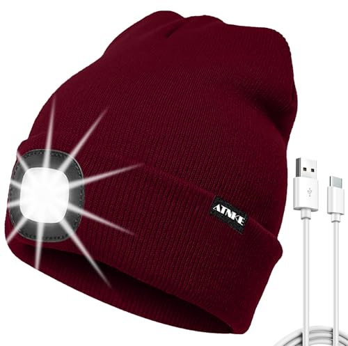 ATNKE LED Mütze mit Licht, USB Typ C Wiederaufladbare 4 LED Beleuchtete Laufmütze Extrem Heller Lampe Winter Warme Stricken Mütze für Herren und Damen Geschenke/Wine Red