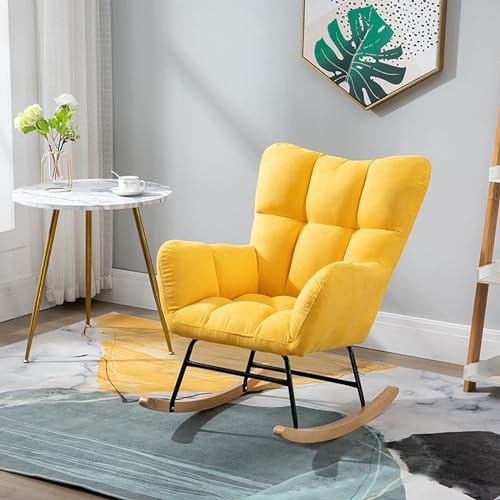 nordischer Schaukelstuhl Einzelsofa Kaminschaukelstuhl Lounge-Ohrensessel aus Patchwork-Stoff mit Beinen aus Massivholz Freizeitstühle aus Baumwolle und Leinen für Wohnzimmer, Schlafzimmer und Bü