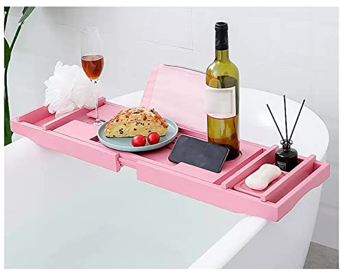 Porte-serviettes extensible en bois de 100 cm avec support pour smartphone, tablette, livre, porte-savon, porte-serviettes et fente pour verre à vin pour spa de luxe (75)