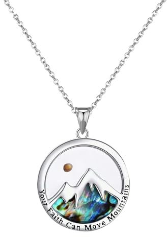 JewelryWe Senfkorn Christliche Halskette für Damen: Edelstahl Senfkorn Anhänger Kette mit Abalone Muschel Berg Muster Christliche Glaube Religiöser Schmuck Geschenk für Frauen Mädchen Silber