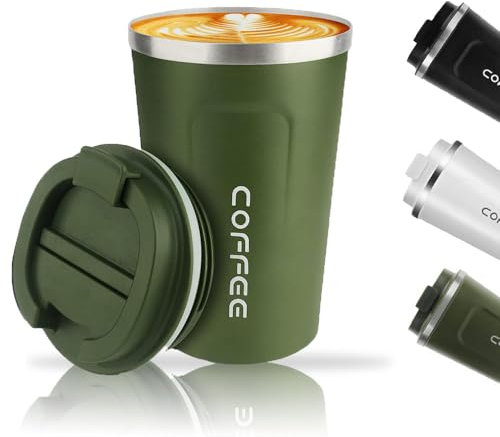 Travel Mug Coffee Mug Cup Drinking Cup Leakproof Lid Double Walled Travel Mug Reusable Cup Stainless Steel Insulation Protection Protable Vehicle Mounted Thermal Mug Insulated Cup(Green,380 ML)