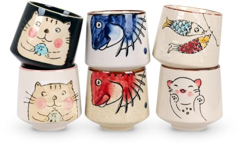 Lindo juego de tazas de té japonesas con gatos y peces | 6 piezas | Pintadas a mano | Tazas de té asiáticas