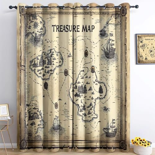 Vintage Piraten-Schatzkarteblickdichte Vorhänge H200 X B70 cm (2Er Pack) Braun – Sonnenschutzend, Wärmeisolierend, Waschbar – Schiebevorhängegeeignet, Ideal Für Sommer & Ganzes Jahr